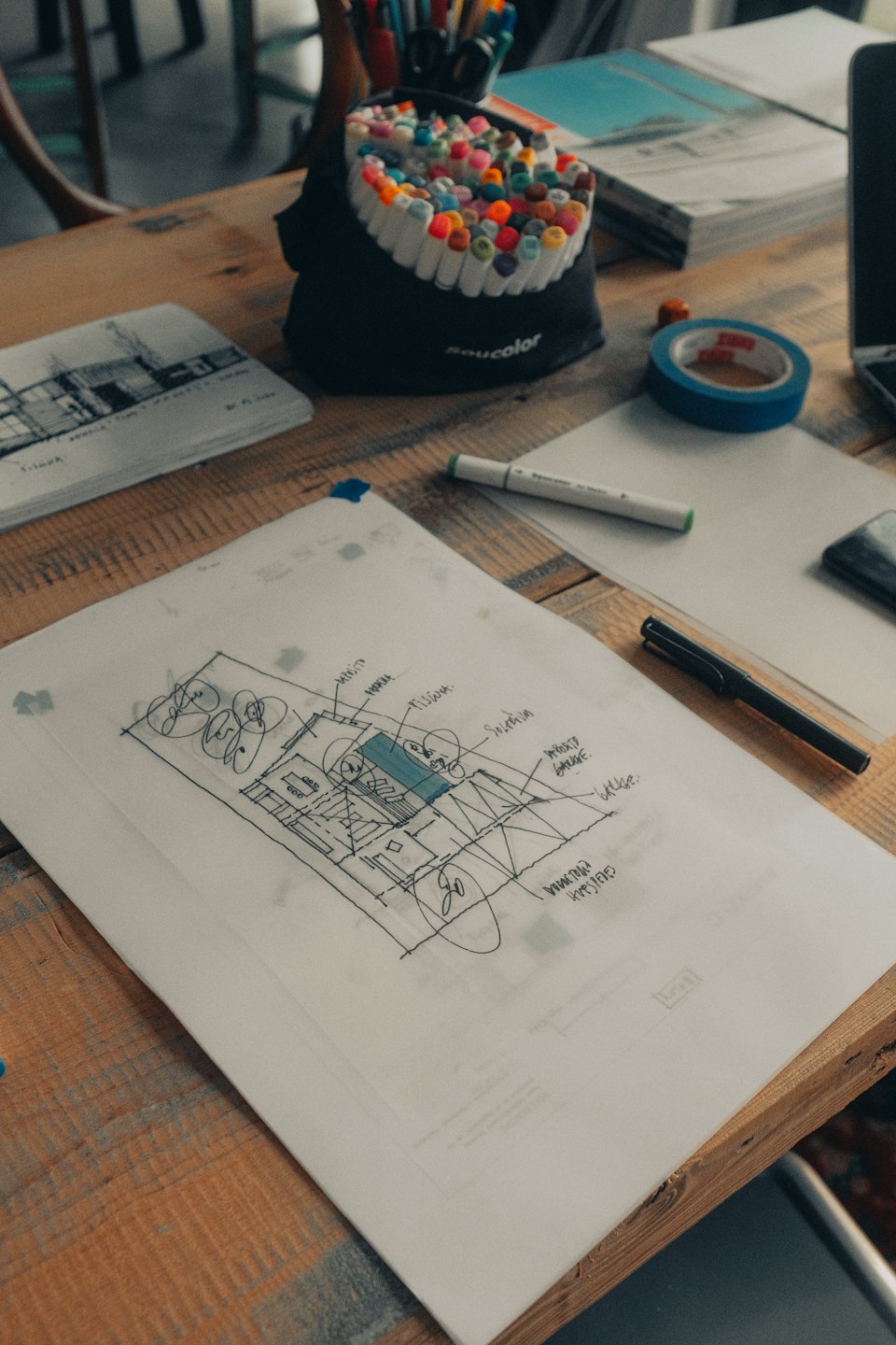 Arkitektonisk ritning och konstnärsmaterial på ett träskrivbord.